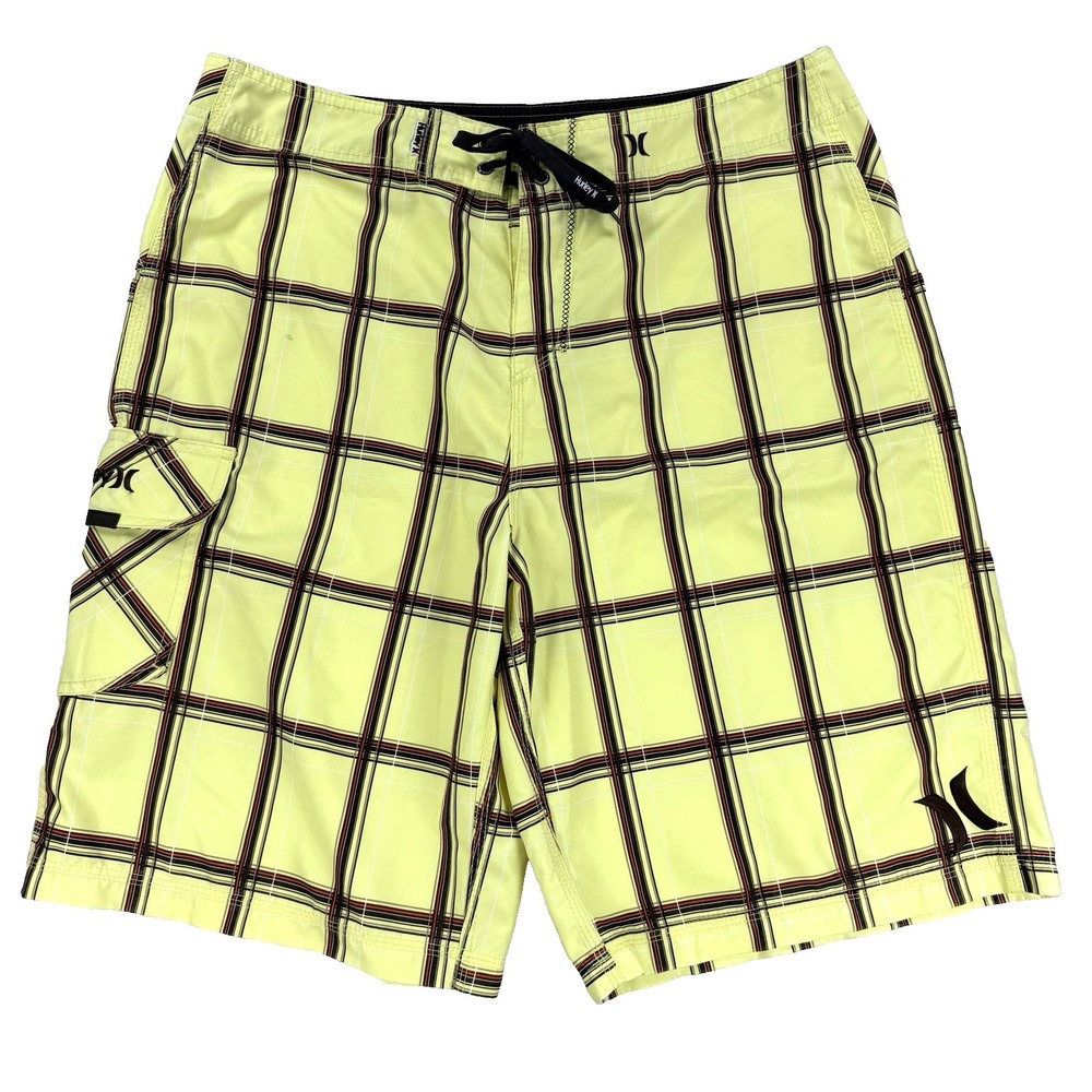 Mens Hurley Y2K Board Shorts Swim Trunks Yellow Plaid Surf Beach Size 36 2008